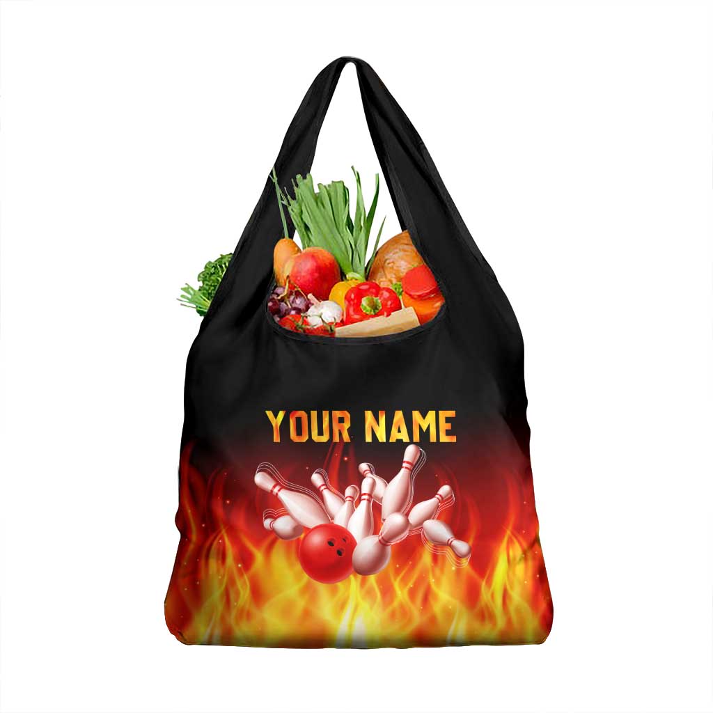 Bowling Ball and Pins Design Grocery Bag with Flame Background and Custom Team Name Text - Wonder Print Shop