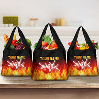 Bowling Ball and Pins Design Grocery Bag with Flame Background and Custom Team Name Text - Wonder Print Shop
