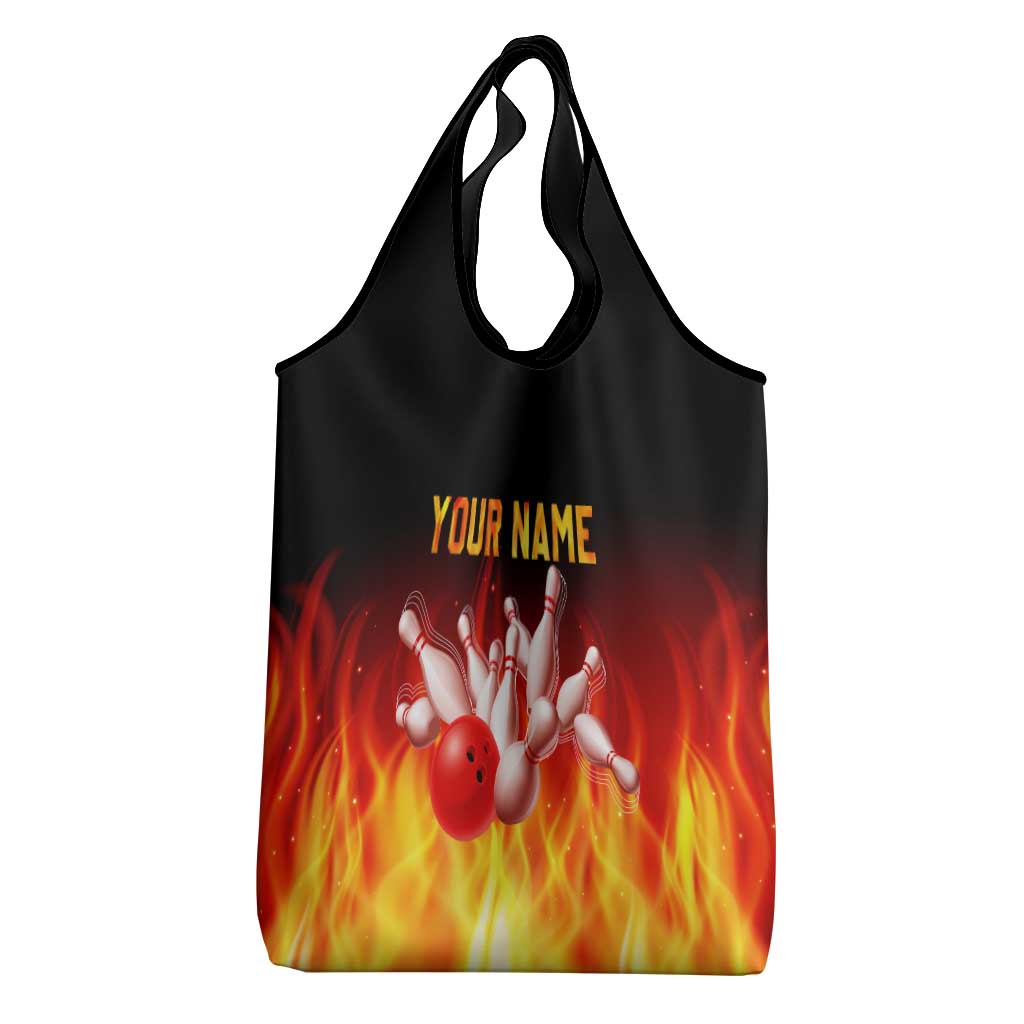 Bowling Ball and Pins Design Grocery Bag with Flame Background and Custom Team Name Text - Wonder Print Shop