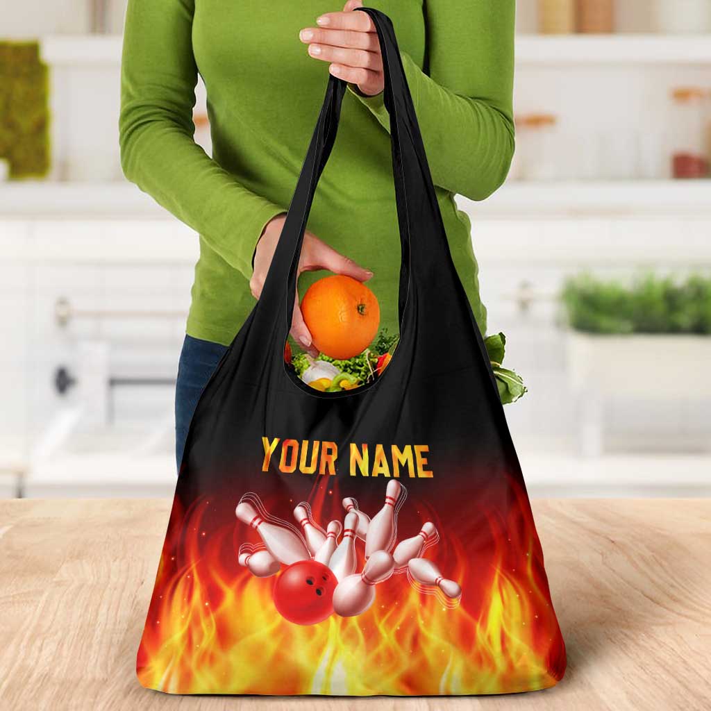 Bowling Ball and Pins Design Grocery Bag with Flame Background and Custom Team Name Text - Wonder Print Shop