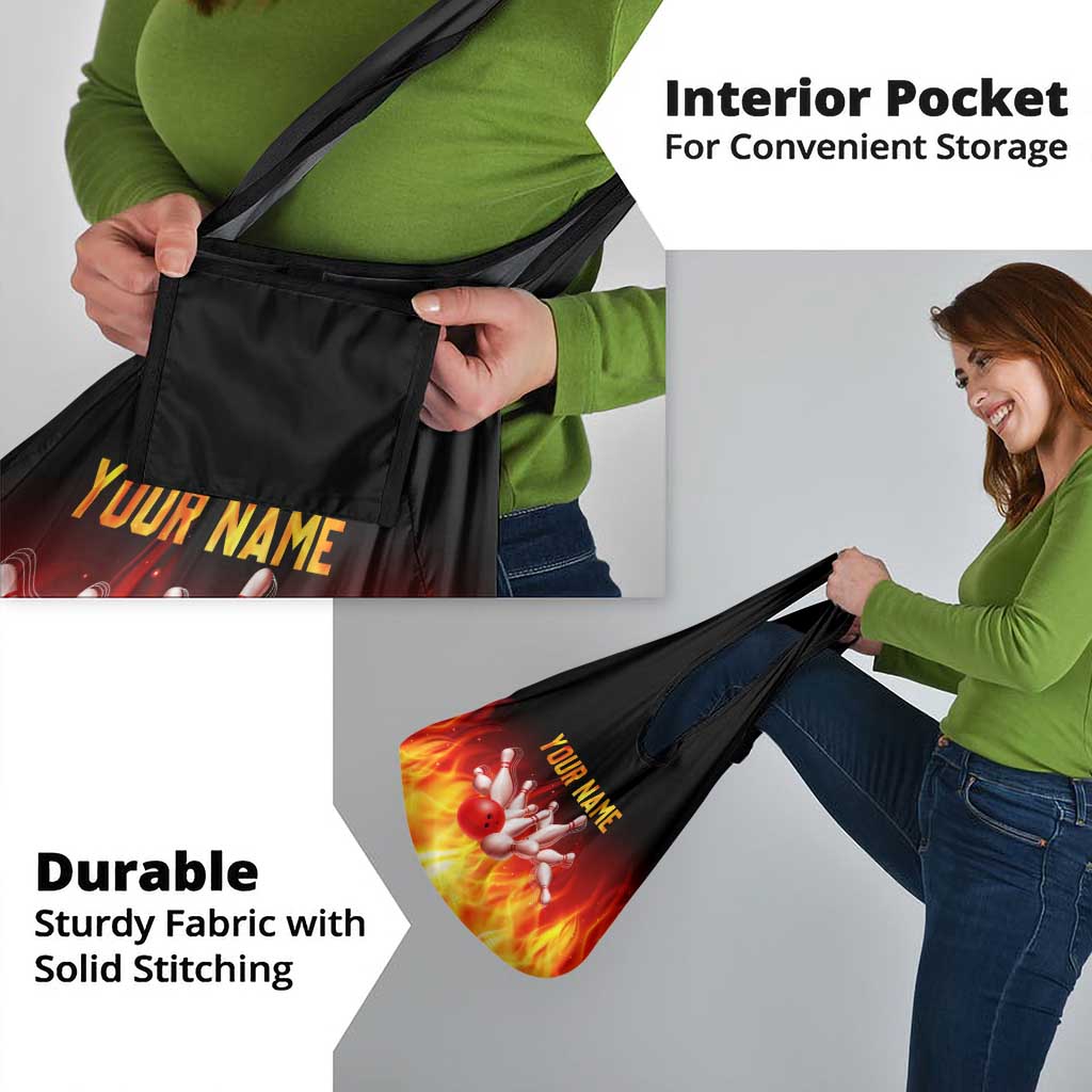 Bowling Ball and Pins Design Grocery Bag with Flame Background and Custom Team Name Text - Wonder Print Shop