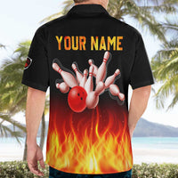 Bowling Ball and Pins Design Hawaiian Shirt with Flame Background and Custom Team Name Text - Wonder Print Shop