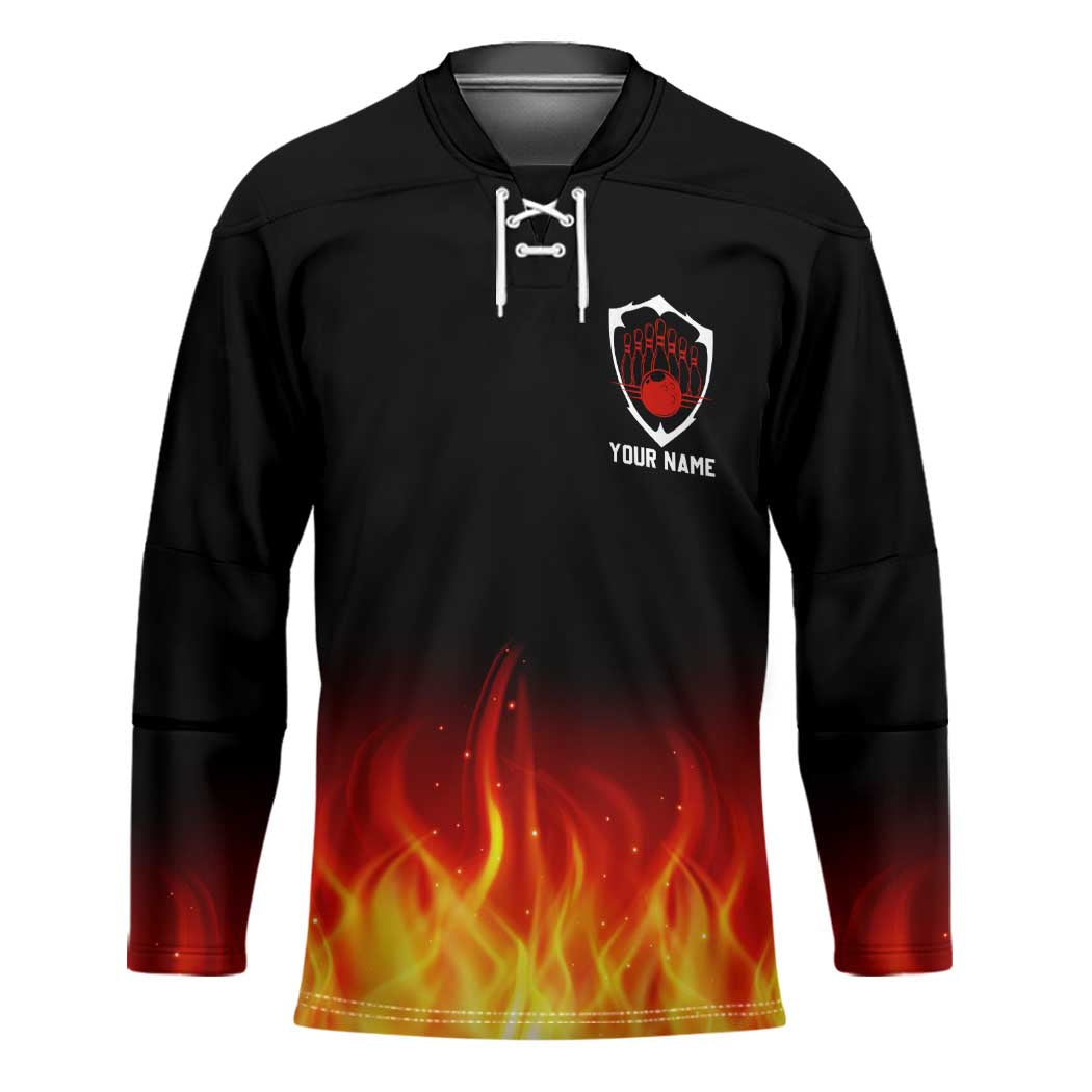 Bowling Ball and Pins Design Hockey Jersey with Flame Background and Custom Team Name Text - Wonder Print Shop