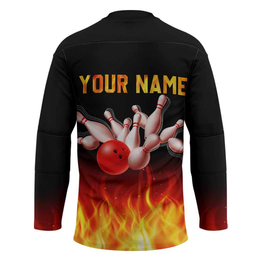 Bowling Ball and Pins Design Hockey Jersey with Flame Background and Custom Team Name Text - Wonder Print Shop