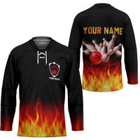 Bowling Ball and Pins Design Hockey Jersey with Flame Background and Custom Team Name Text - Wonder Print Shop