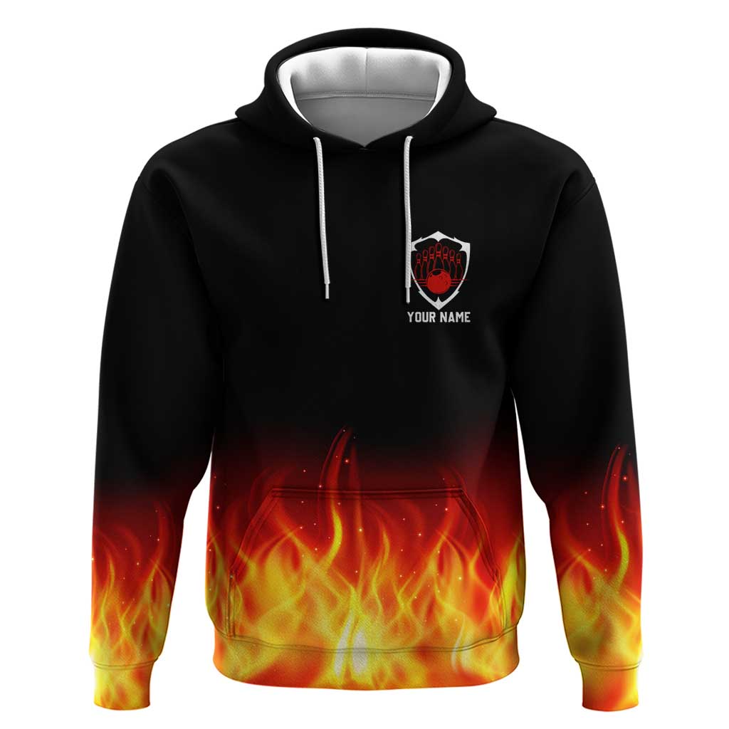 Bowling Ball and Pins Design Hoodie with Flame Background and Custom Team Name Text - Wonder Print Shop