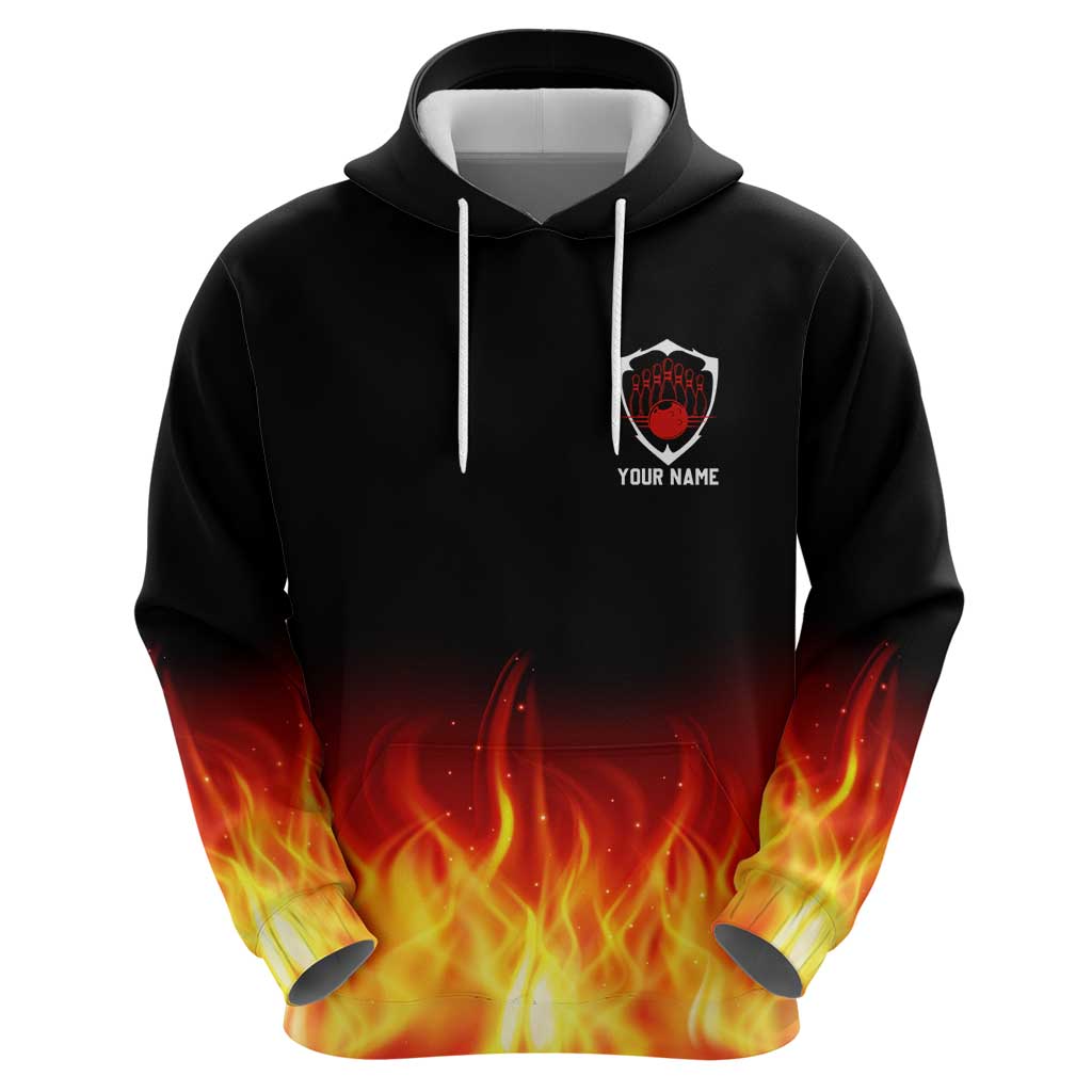 Bowling Ball and Pins Design Hoodie with Flame Background and Custom Team Name Text - Wonder Print Shop