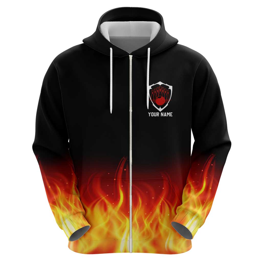Bowling Ball and Pins Design Hoodie with Flame Background and Custom Team Name Text - Wonder Print Shop
