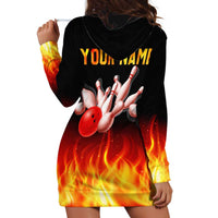 Bowling Ball and Pins Design Hoodie Dress with Flame Background and Custom Team Name Text - Wonder Print Shop