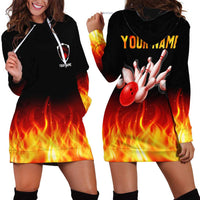 Bowling Ball and Pins Design Hoodie Dress with Flame Background and Custom Team Name Text - Wonder Print Shop