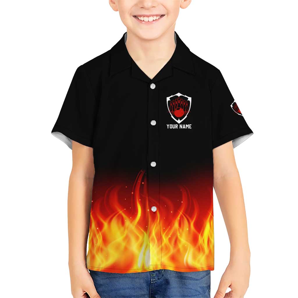 Bowling Ball and Pins Design Kid Hawaiian Shirt with Flame Background and Custom Team Name Text - Wonder Print Shop