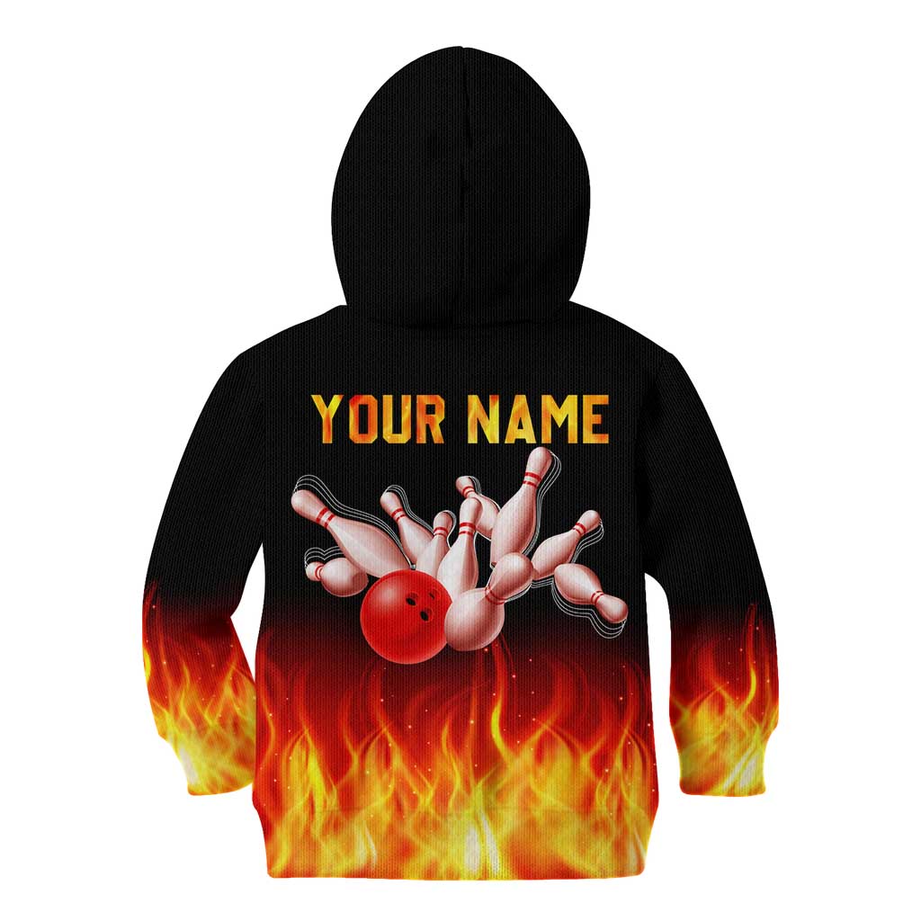 Bowling Ball and Pins Design Kid Hoodie with Flame Background and Custom Team Name Text - Wonder Print Shop