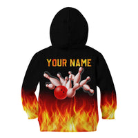 Bowling Ball and Pins Design Kid Hoodie with Flame Background and Custom Team Name Text - Wonder Print Shop