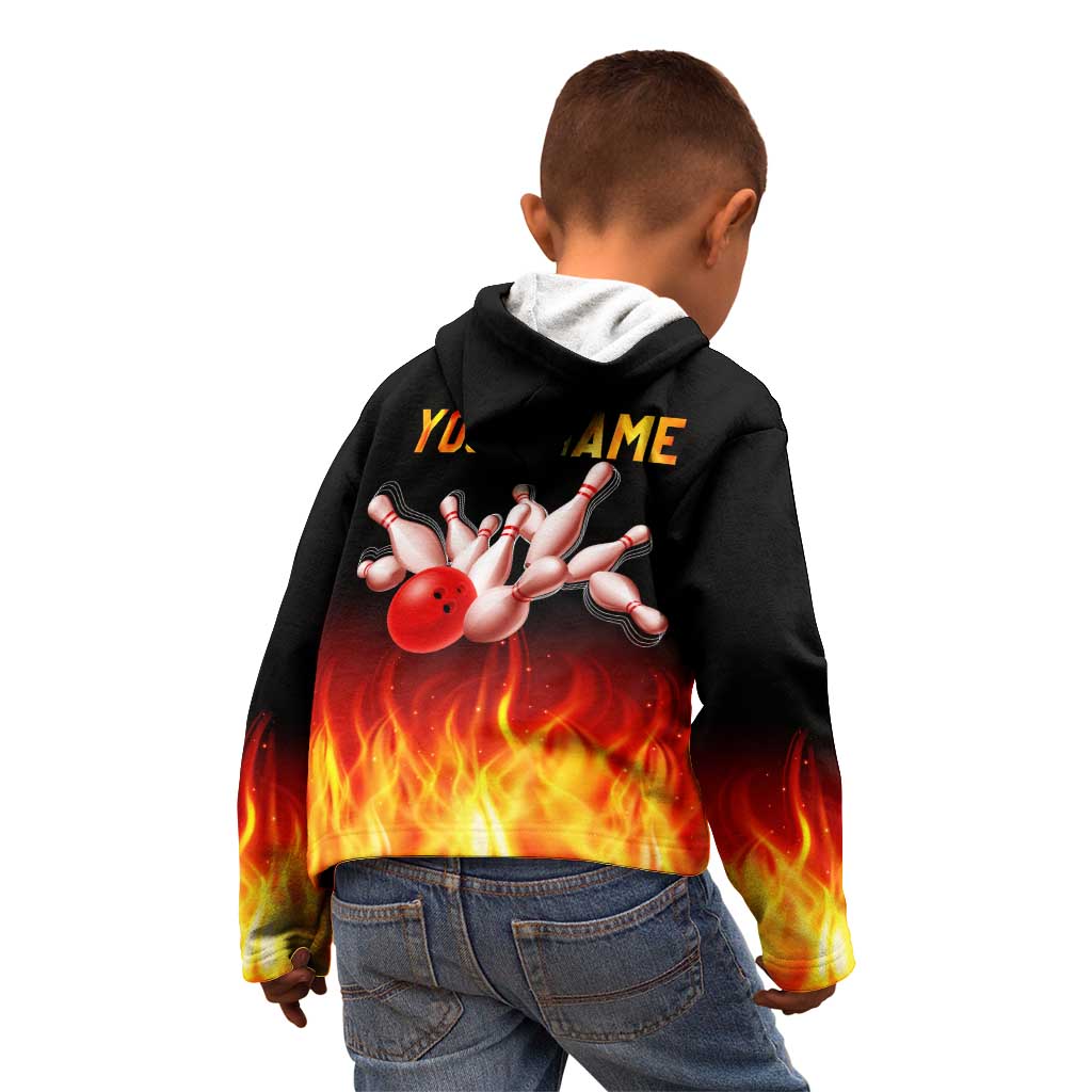 Bowling Ball and Pins Design Kid Hoodie with Flame Background and Custom Team Name Text - Wonder Print Shop
