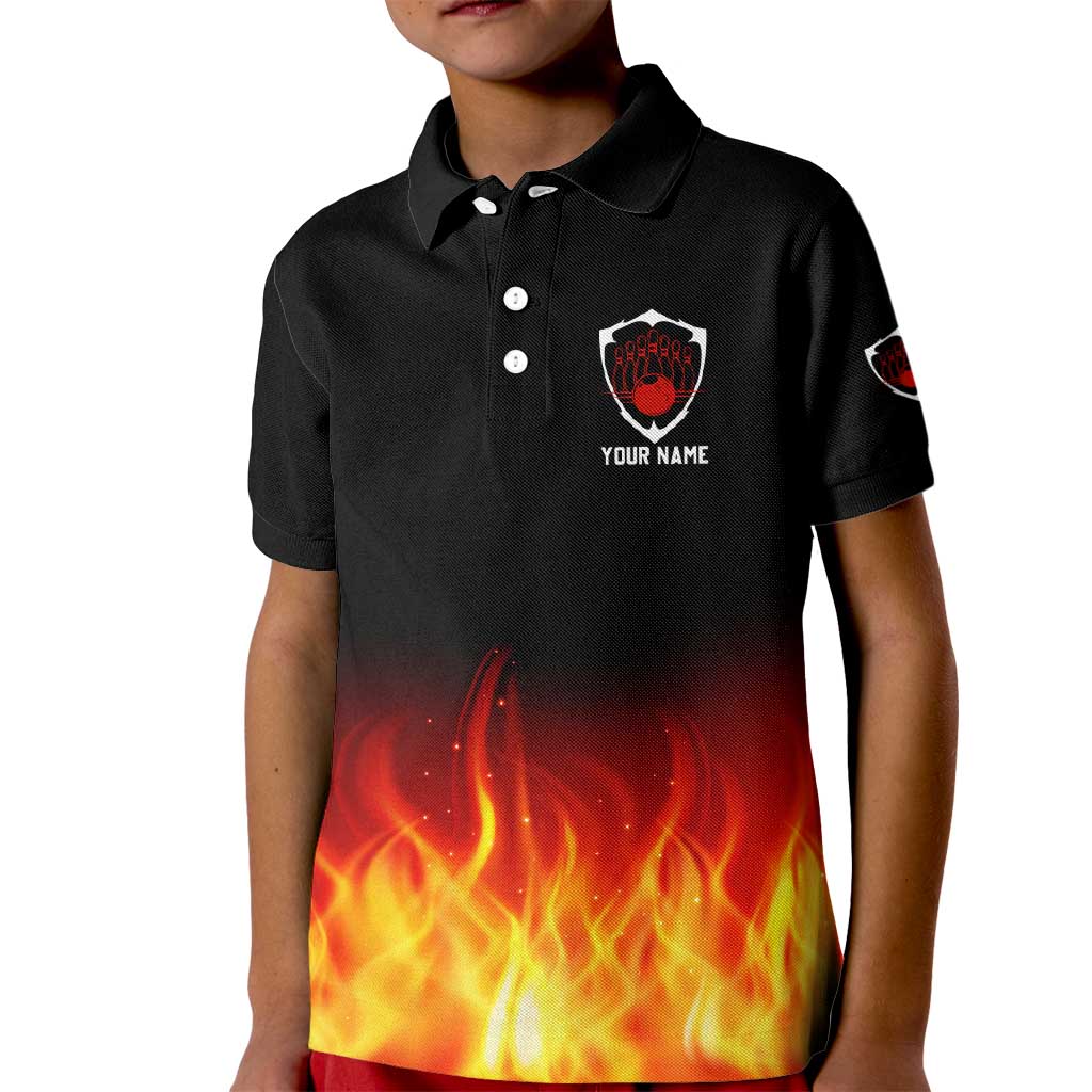 Bowling Ball and Pins Design Kid Polo Shirt with Flame Background and Custom Team Name Text - Wonder Print Shop