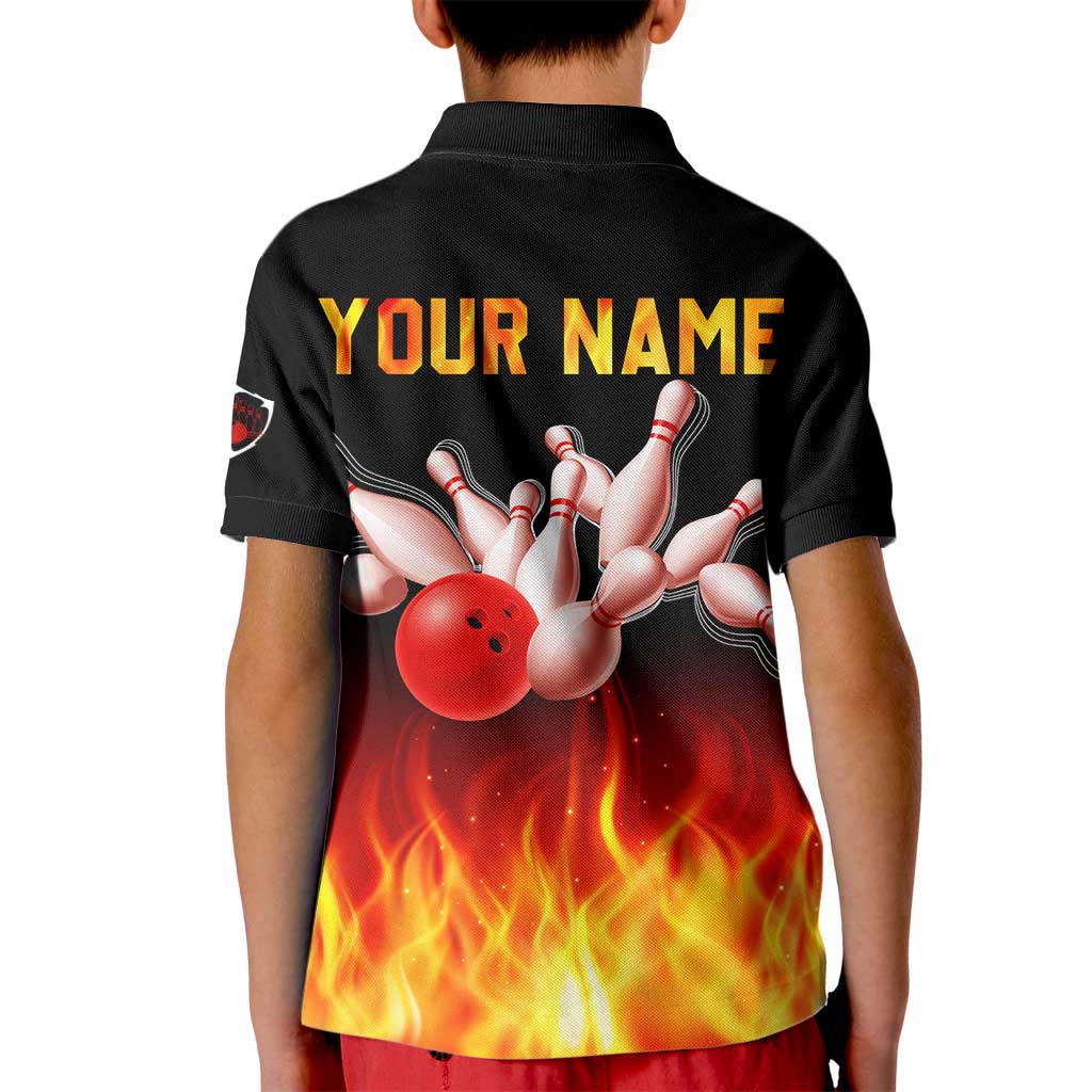 Bowling Ball and Pins Design Kid Polo Shirt with Flame Background and Custom Team Name Text - Wonder Print Shop