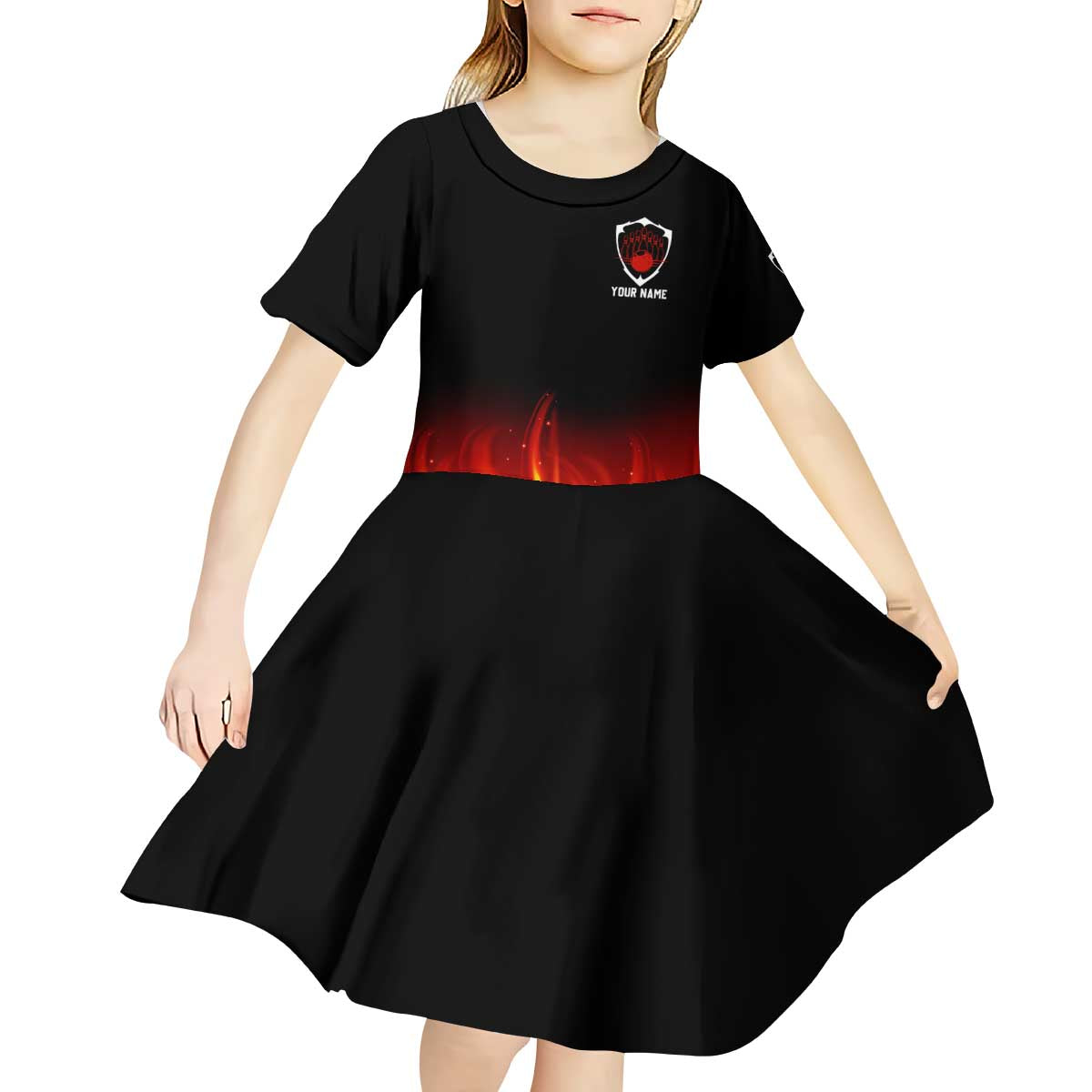 Bowling Ball and Pins Design Kid Short Sleeve Dress with Flame Background and Custom Team Name Text - Wonder Print Shop