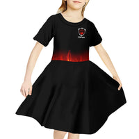 Bowling Ball and Pins Design Kid Short Sleeve Dress with Flame Background and Custom Team Name Text - Wonder Print Shop