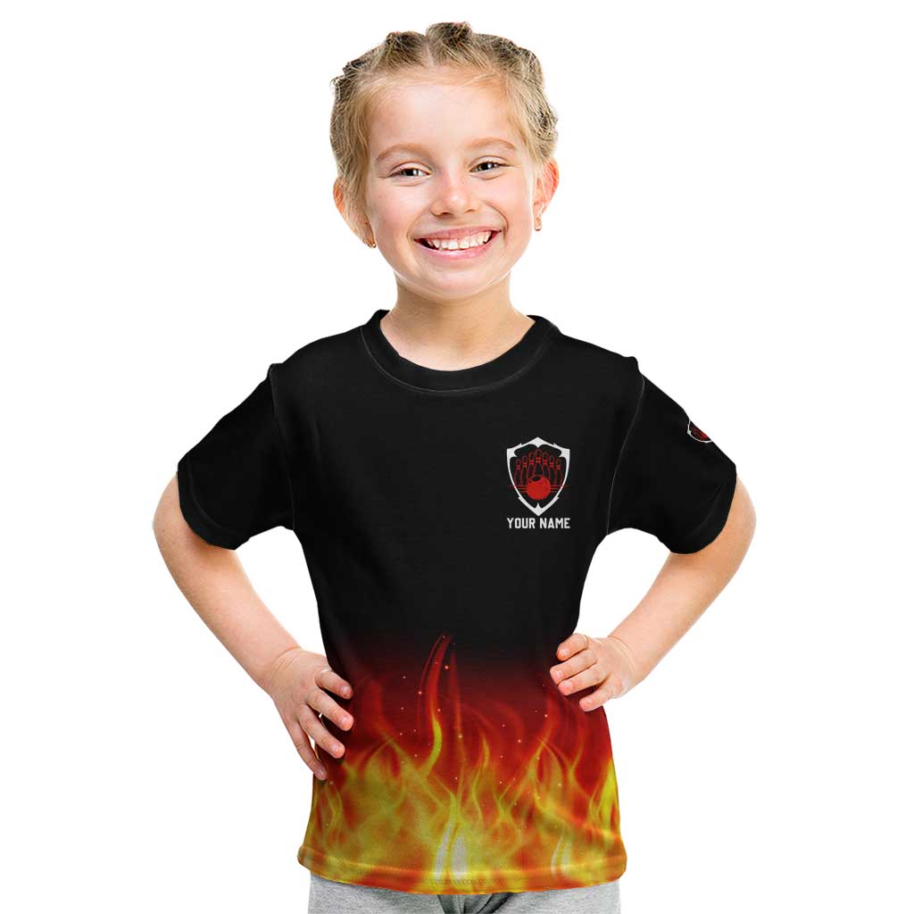 Bowling Ball and Pins Design Kid T Shirt with Flame Background and Custom Team Name Text - Wonder Print Shop
