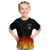 Bowling Ball and Pins Design Kid T Shirt with Flame Background and Custom Team Name Text - Wonder Print Shop