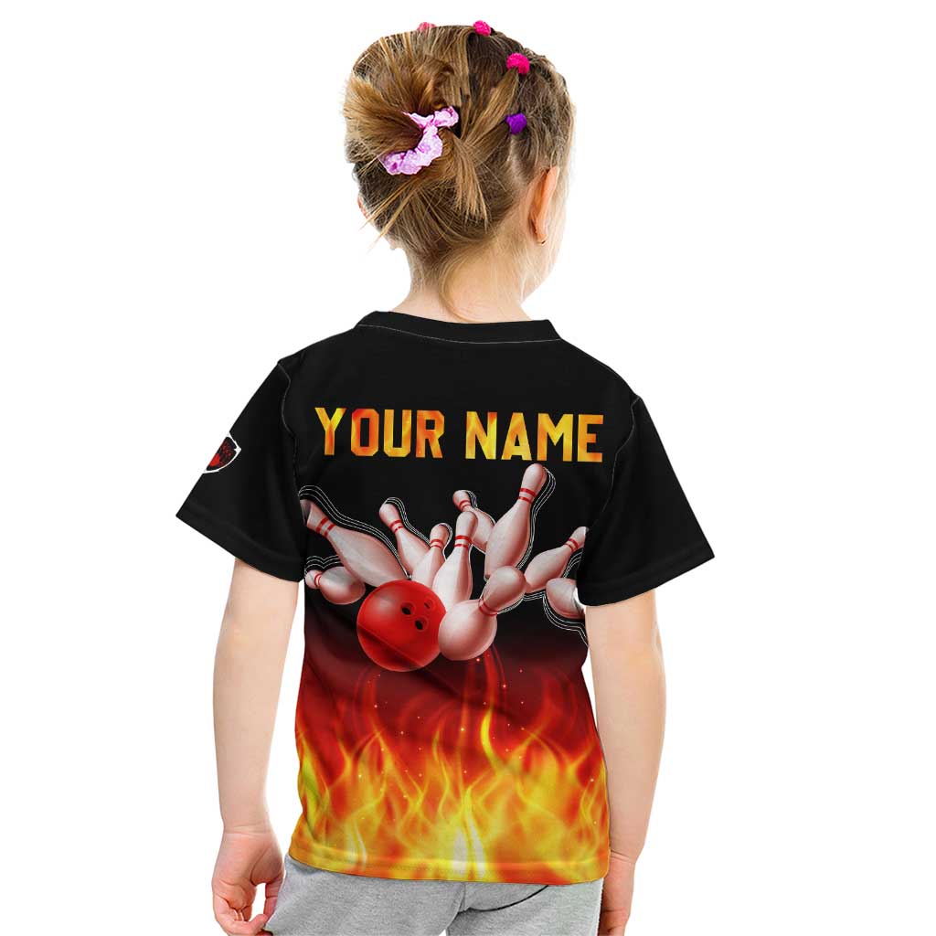 Bowling Ball and Pins Design Kid T Shirt with Flame Background and Custom Team Name Text - Wonder Print Shop
