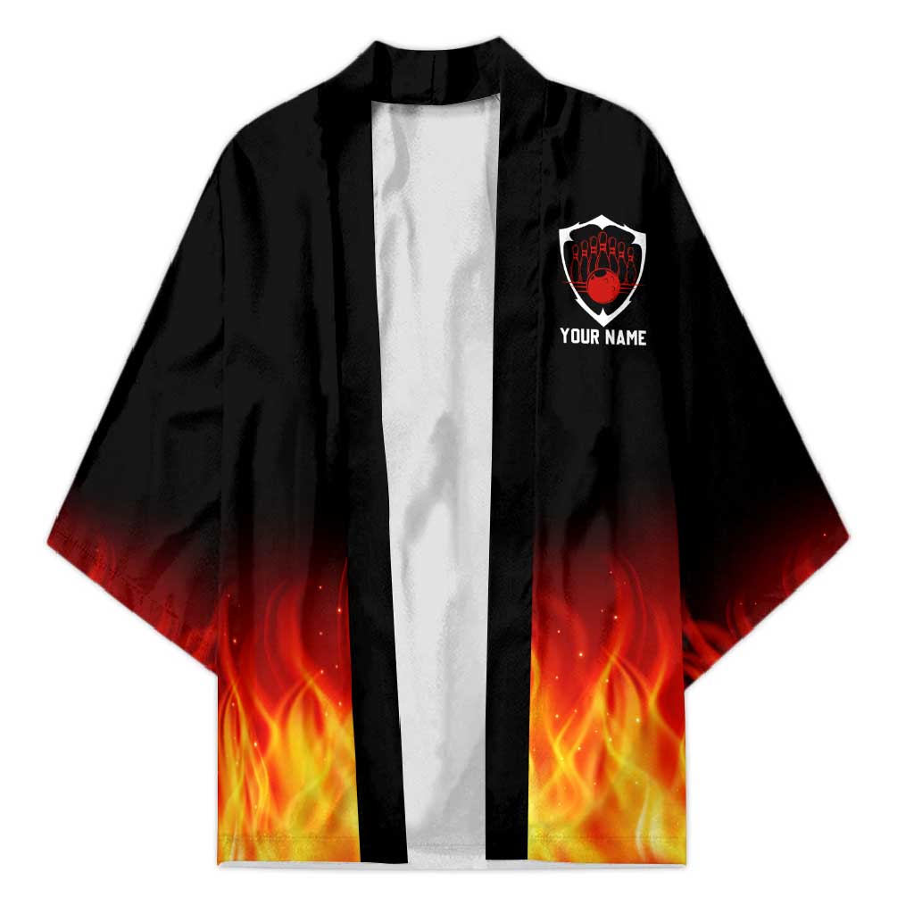 Bowling Ball and Pins Design Kimono with Flame Background and Custom Team Name Text - Wonder Print Shop
