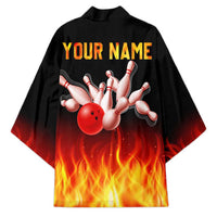 Bowling Ball and Pins Design Kimono with Flame Background and Custom Team Name Text - Wonder Print Shop