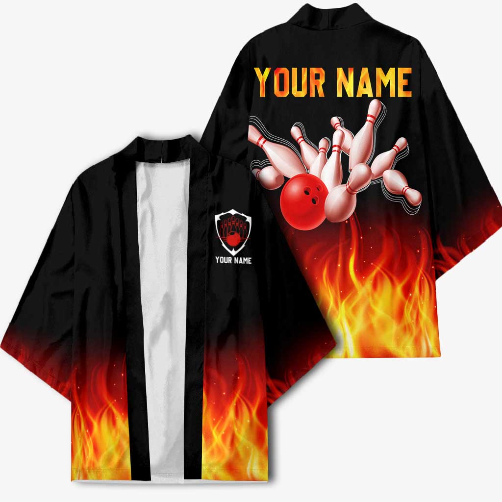 Bowling Ball and Pins Design Kimono with Flame Background and Custom Team Name Text - Wonder Print Shop