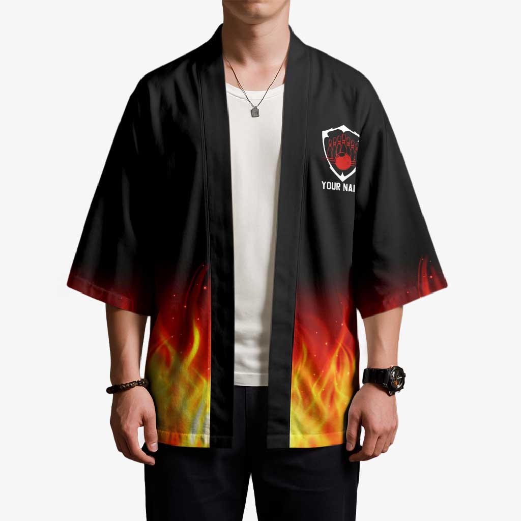 Bowling Ball and Pins Design Kimono with Flame Background and Custom Team Name Text - Wonder Print Shop