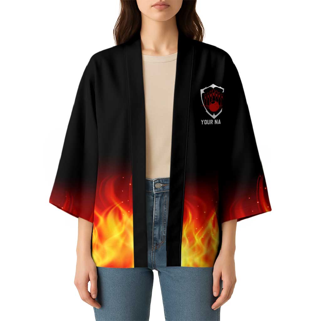 Bowling Ball and Pins Design Kimono with Flame Background and Custom Team Name Text - Wonder Print Shop