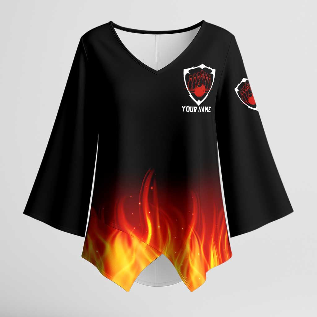 Bowling Ball and Pins Design Kimono Sleeve Blouse with Flame Background and Custom Team Name Text - Wonder Print Shop