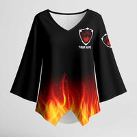 Bowling Ball and Pins Design Kimono Sleeve Blouse with Flame Background and Custom Team Name Text - Wonder Print Shop