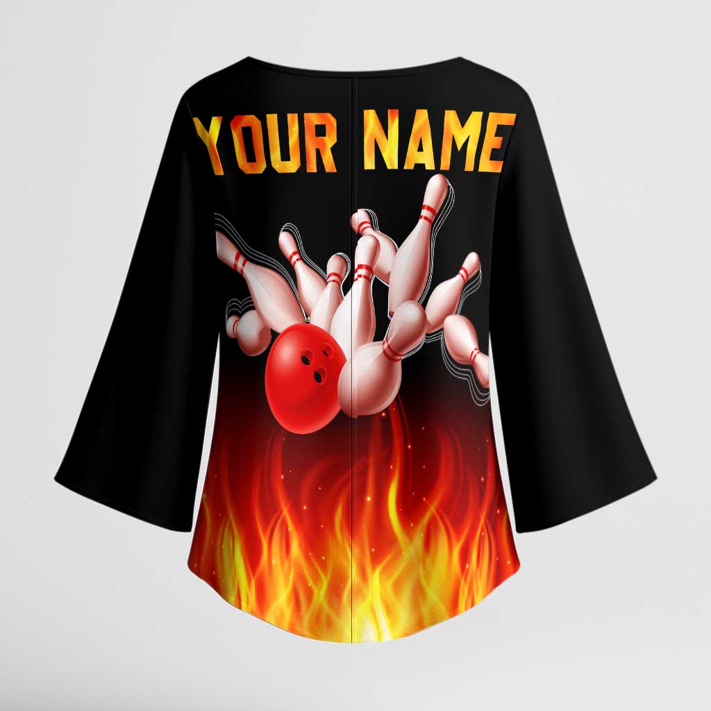 Bowling Ball and Pins Design Kimono Sleeve Blouse with Flame Background and Custom Team Name Text - Wonder Print Shop
