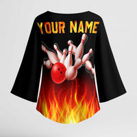 Bowling Ball and Pins Design Kimono Sleeve Blouse with Flame Background and Custom Team Name Text - Wonder Print Shop