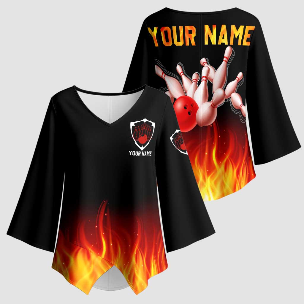Bowling Ball and Pins Design Kimono Sleeve Blouse with Flame Background and Custom Team Name Text - Wonder Print Shop