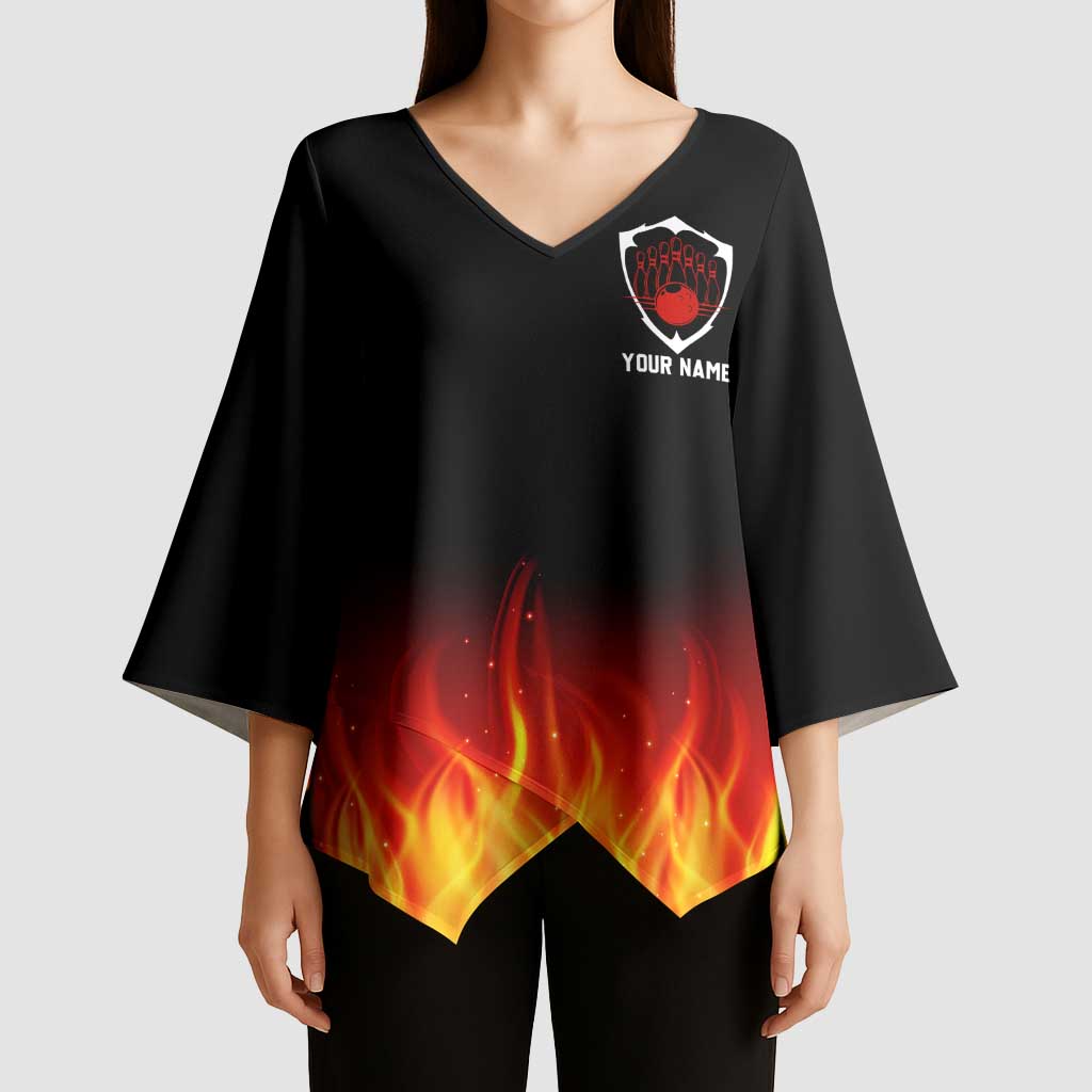 Bowling Ball and Pins Design Kimono Sleeve Blouse with Flame Background and Custom Team Name Text - Wonder Print Shop