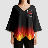 Bowling Ball and Pins Design Kimono Sleeve Blouse with Flame Background and Custom Team Name Text - Wonder Print Shop