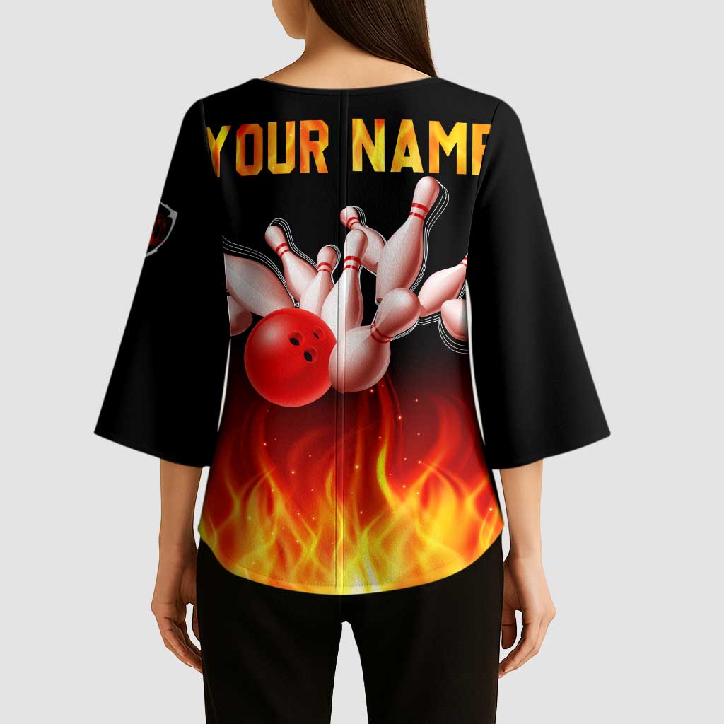 Bowling Ball and Pins Design Kimono Sleeve Blouse with Flame Background and Custom Team Name Text - Wonder Print Shop
