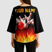 Bowling Ball and Pins Design Kimono Sleeve Blouse with Flame Background and Custom Team Name Text - Wonder Print Shop