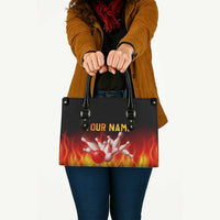 Bowling Ball and Pins Design Leather Bag with Flame Background and Custom Team Name Text - Wonder Print Shop