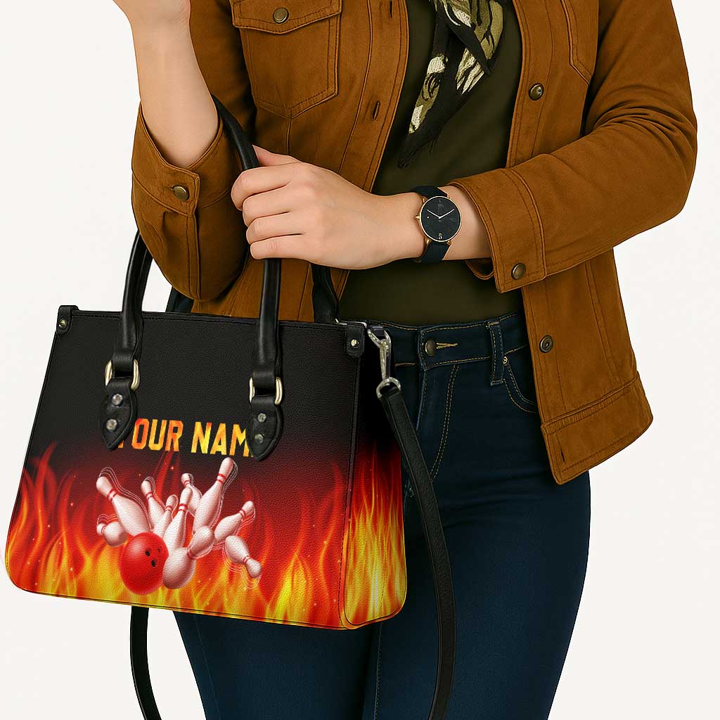 Bowling Ball and Pins Design Leather Bag with Flame Background and Custom Team Name Text - Wonder Print Shop