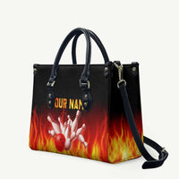 Bowling Ball and Pins Design Leather Bag with Flame Background and Custom Team Name Text - Wonder Print Shop
