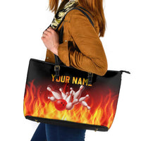 Bowling Ball and Pins Design Leather Tote Bag with Flame Background and Custom Team Name Text - Wonder Print Shop