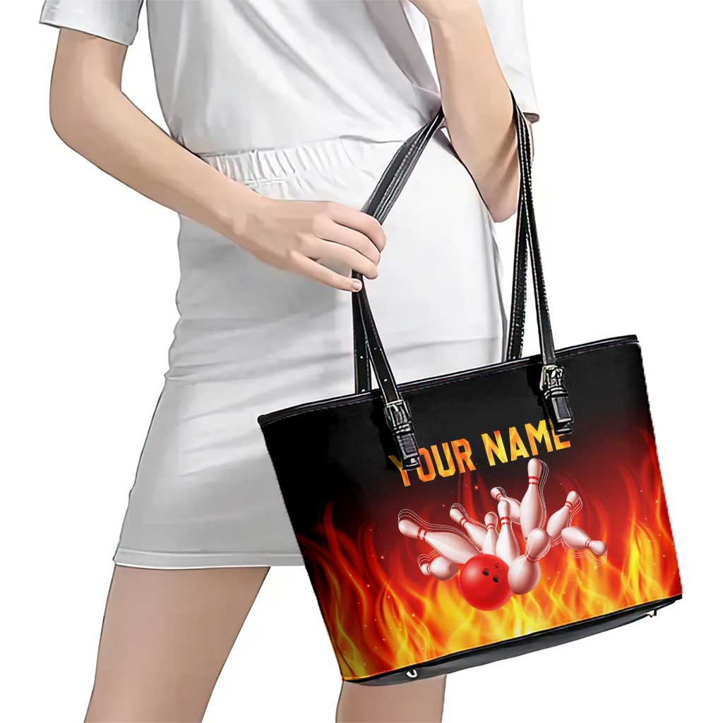 Bowling Ball and Pins Design Leather Tote Bag with Flame Background and Custom Team Name Text - Wonder Print Shop
