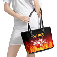 Bowling Ball and Pins Design Leather Tote Bag with Flame Background and Custom Team Name Text - Wonder Print Shop
