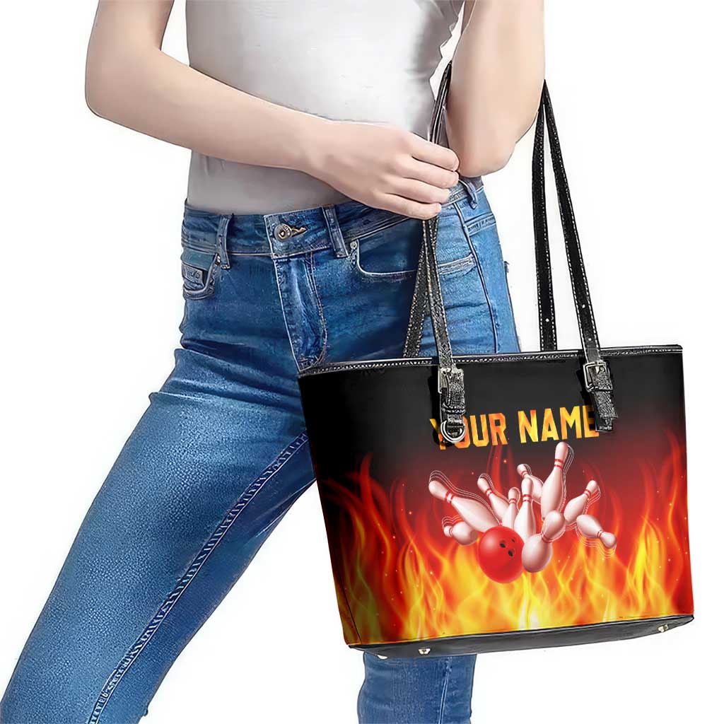Bowling Ball and Pins Design Leather Tote Bag with Flame Background and Custom Team Name Text - Wonder Print Shop