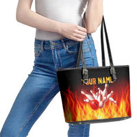Bowling Ball and Pins Design Leather Tote Bag with Flame Background and Custom Team Name Text - Wonder Print Shop