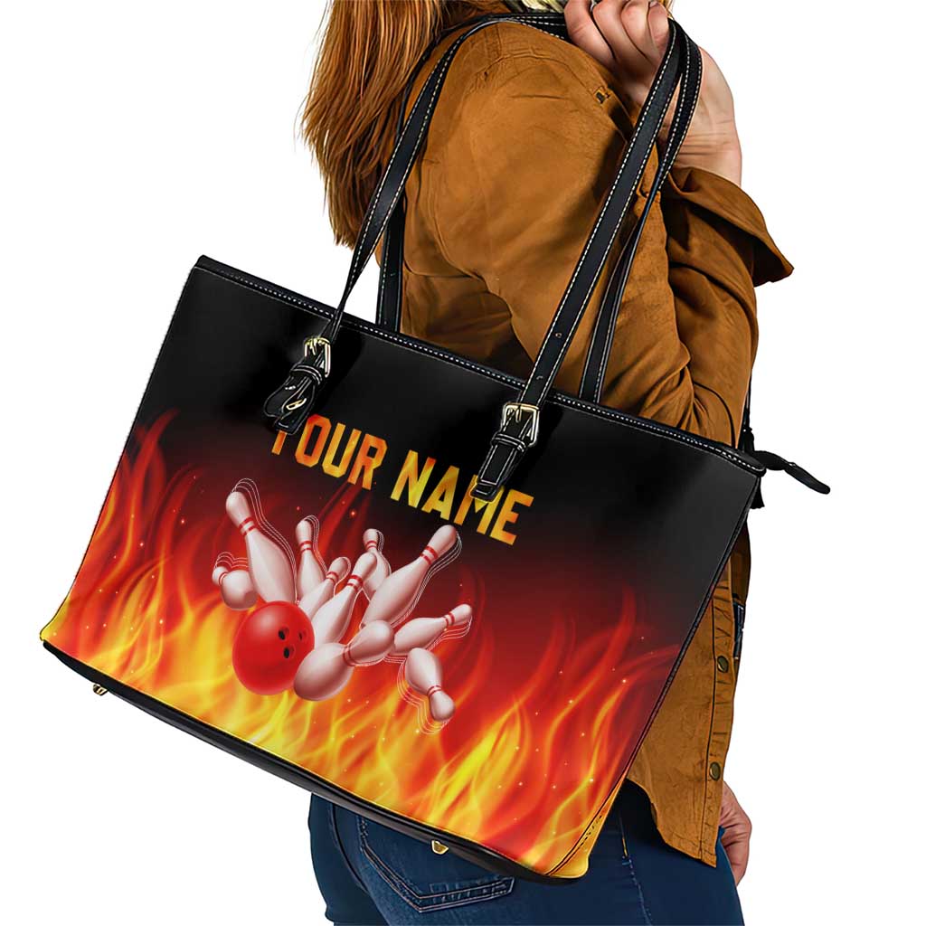 Bowling Ball and Pins Design Leather Tote Bag with Flame Background and Custom Team Name Text - Wonder Print Shop