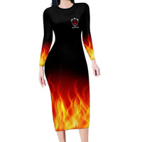 Bowling Ball and Pins Design Long Sleeve Bodycon Dress with Flame Background and Custom Team Name Text - Wonder Print Shop