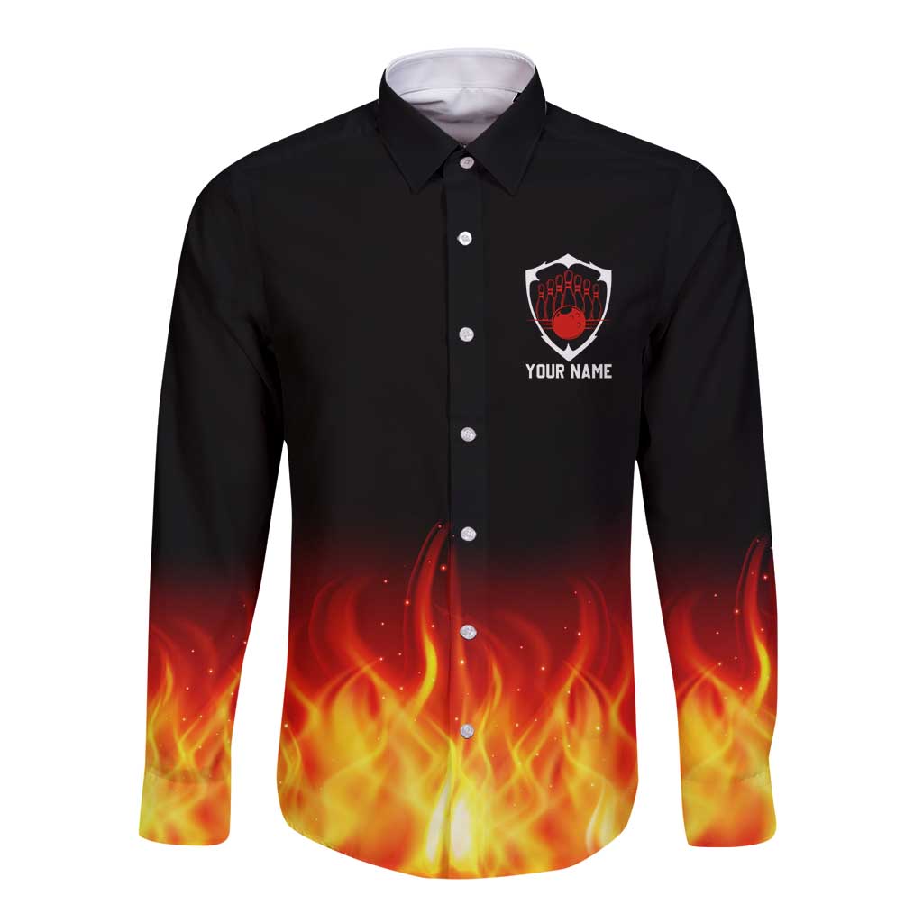 Bowling Ball and Pins Design Long Sleeve Button Shirt with Flame Background and Custom Team Name Text - Wonder Print Shop